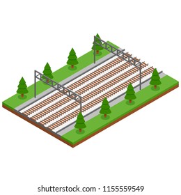 Isometric projection of a railway with four paths. 3d graphics.