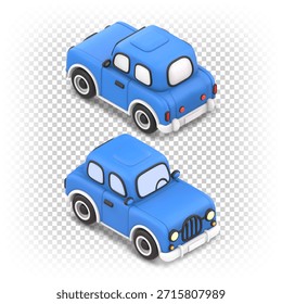 Proyección isométrica de un coche retro 3D. Ilustración estilizada similar a un juguete. Vistas trasera y frontal.