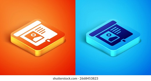 Isometrisches Projektionsbildschirmsymbol einzeln auf orangefarbenem und blauem Hintergrund. Geschäftliche Präsentation visuelle Inhalte wie Folien, Infografiken und Videos.  Vektorgrafik