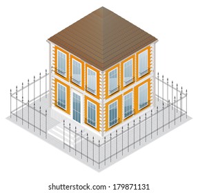  isometric projection of a two-storey building, isolated on white 