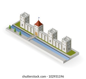 Isometric projection of the vector of a medieval castle with a moat and gate