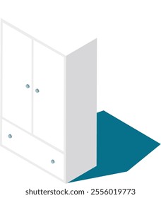 Isometric projection of a white wooden wardrobe casting a shadow on a blue floor, featuring two doors and two drawers, perfect for interior design and furniture concepts