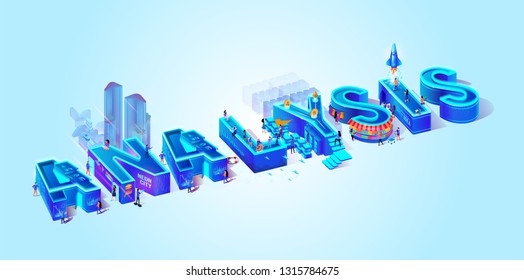 Isometric Projection Of Word Analysis. Miniature Business People Analysing Data or Performing Task for Virtual Space Project. Intelligent Smart City, Buildings, Infrastructure. 3d Vector Illustration.