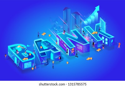 Isometric Projection of Word Bank. Futuristic Smart Investment Technology. Global System Network. Financial Investment Economic Trends. Little Characters in City Use New Tech. 3d Vector Illustration.