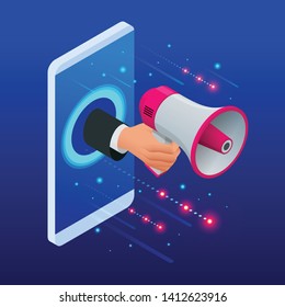 Isometric promoter speaks in a big megaphone and attracts buyers. Megaphone alert promotion and propaganda