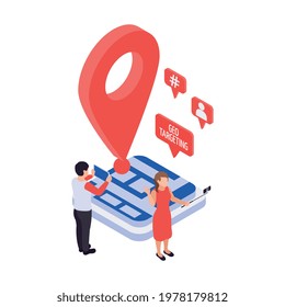 Isometric promotion and geo targeting concept with 3d location pin sign vector illustration