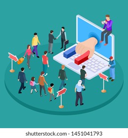 Isometric promotion vector concept. Marketing and advertising, attracting people. Isometric marketing promotion, people magnet to content illustration