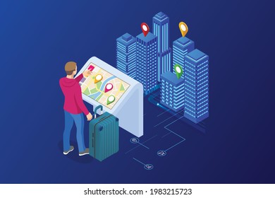 Isometric Promotional Interactive Information Kiosk, Advertising Display, Terminal Stand, Touch Screen Display. Man use interactive touchscreen with city map