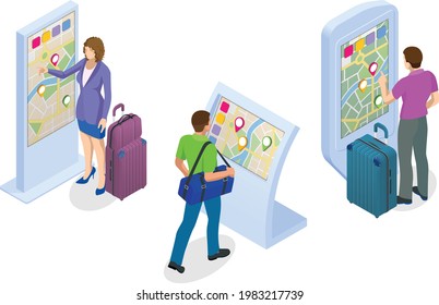 Isometric Promotional Interactive Information Kiosk, Advertising Display, Terminal Stand, Touch Screen Display. Interactive touchscreen with city map