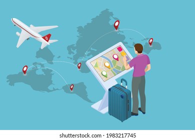 Isometric Promotional Interactive Information Kiosk, Advertising Display, Terminal Stand, Touch Screen Display. Interactive touchscreen with city map