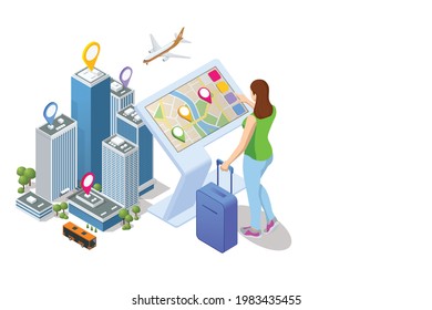 Isometric Promotional Interactive Information Kiosk, Advertising Display, Terminal Stand, Touch Screen Display. Woman use interactive touchscreen with city map