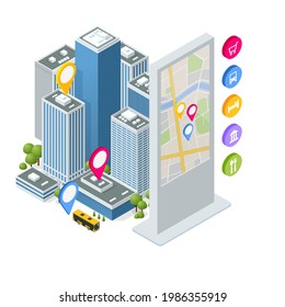 Isometric Promotional Interactive Information Kiosk, Advertising Display, Terminal Stand, Touch Screen Display. Interactive touchscreen with city map