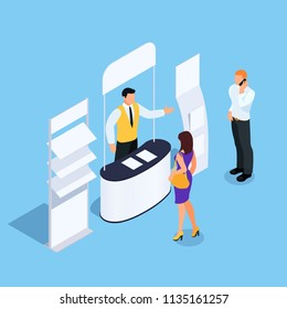 Isometric promotional stand with promoter, leaflets and customers. Booth with advertising posters and rack for product. Blank mockup. Vector illustration.