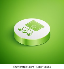 Isometric Proof of stake icon isolated on green background. Cryptocurrency economy and finance collection. White circle button. Vector Illustration