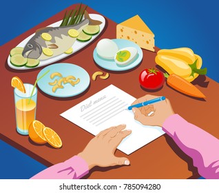 Isometric proper nutrition concept with man makes diet menu of healthy food products vector illustration