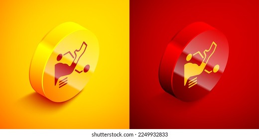 Isometric Prosthesis hand icon isolated on orange and red background. Futuristic concept of bionic arm, robotic mechanical hand. Circle button. Vector