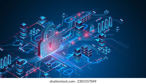 Isometric protection concept. Protect mechanism, system privacy. Vector