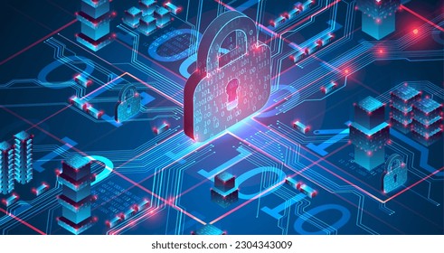 Isometric protection concept. Protect mechanism, system privacy. Vector