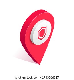 Isometric protection map pointer icon, 3d geotag location map point sign, pin with shield symbol isolated. Safety, security concept. Vector Illustration design, infographic, web, app, ad