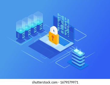 Isometric protection network security concepts. Cyber Security. Laptop with data and protection against hacker attacks. Vector illustration