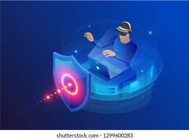 Isometric Protection network security and safe your data concept. Web page design templates Cybersecurity. Digital crime by an anonymous hacker. Vector illustration