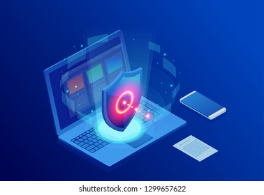 Isometric Protection network security and safe your data concept. Web page design templates Cybersecurity. Digital crime by an anonymous hacker. Vector illustration