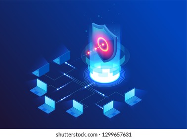 Isometric Protection network security and safe your data concept. Web page design templates Cybersecurity. Digital crime by an anonymous hacker. Vector illustration