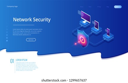 Isometric Protection network security and safe your data concept. Web page design templates Cybersecurity. Digital crime by an anonymous hacker. Vector illustration