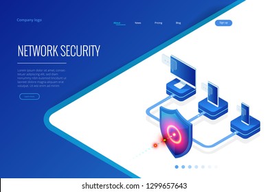 Isometric Protection network security and safe your data concept. Web page design templates Cybersecurity. Digital crime by an anonymous hacker. Vector illustration