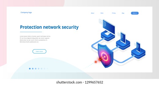 Isometric Protection network security and safe your data concept. Web page design templates Cybersecurity. Digital crime by an anonymous hacker. Vector illustration