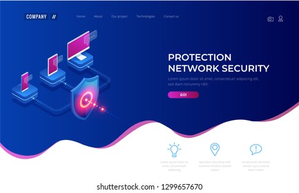 Isometric Protection network security and safe your data concept. Web page design templates Cybersecurity. Digital crime by an anonymous hacker. Vector illustration