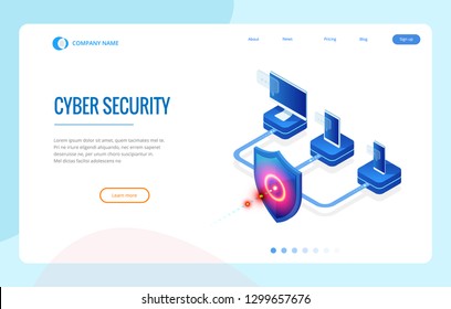 Isometric Protection network security and safe your data concept. Web page design templates Cybersecurity. Digital crime by an anonymous hacker. Vector illustration