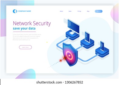 Isometric Protection network security and safe your data concept. Web page design templates Cybersecurity. Digital crime by an anonymous hacker. Vector illustration