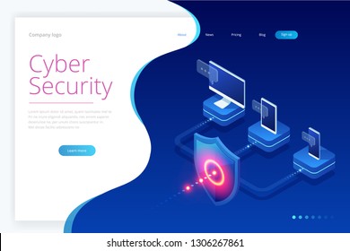 Isometric Protection network security and safe your data concept. Web page design templates Cybersecurity. Digital crime by an anonymous hacker. Vector illustration