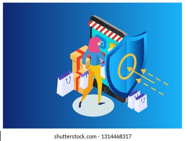 Isometric Protection network security and safe your data concept. Web page design templates Cybersecurity. Digital crime by an anonymous hacker. Vector illustration - Vector 
