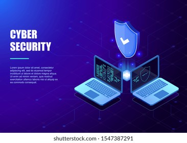 Isometric Protection network security and safe your data concept. Cybersecurity. Digital crime by an anonymous hacker. Data security concept, protected computer network. Vector illustration.