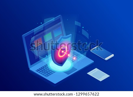 Isometric Protection network security and safe your data concept. Web page design templates Cybersecurity. Digital crime by an anonymous hacker. Vector illustration