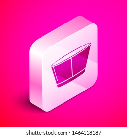 Isometric Protective cone collar icon isolated on pink background. Recovery pet cone. Cone for animal. Silver square button. Vector Illustration