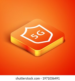 Isometric Protective shield 5G wireless internet wifi icon isolated on orange background. Global network high speed connection data rate technology.  Vector