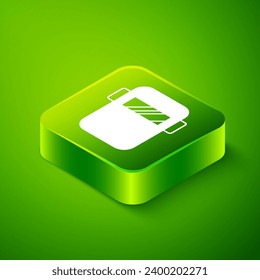 Isometric Protective welding mask helmet icon isolated on green background. Protective clothing and tool worker. Green square button. Vector