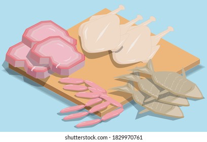 Isometric Protein Sources Meat, Fish, sausages and chicken