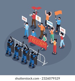 Isometric protest composition with isolated circle view of protesters holding placards and flags with police cordon vector illustration