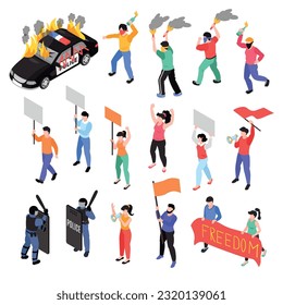 Isometric protest rally set of isolated icons with burning police car and human characters of rioters vector illustration