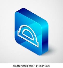 Isometric Protractor grid for measuring degrees icon isolated on white background. Tilt angle meter. Measuring tool. Geometric symbol. Blue square button. Vector Illustration