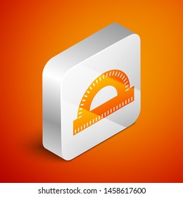 Isometric Protractor grid for measuring degrees icon isolated on orange background. Tilt angle meter. Measuring tool. Geometric symbol. Silver square button. Vector Illustration