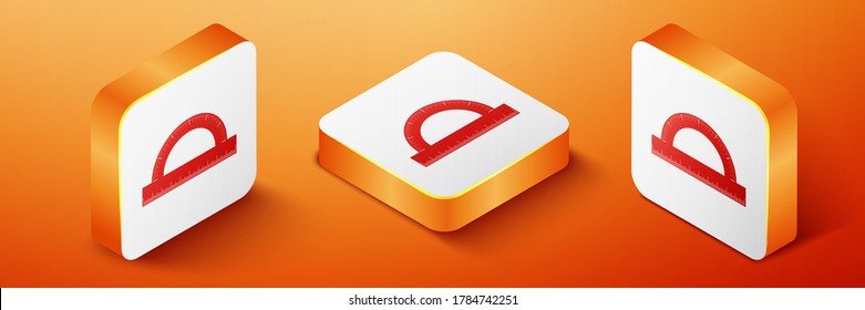 Isometric Protractor grid for measuring degrees icon isolated on orange background. Tilt angle meter. Measuring tool. Geometric symbol. Orange square button. Vector.