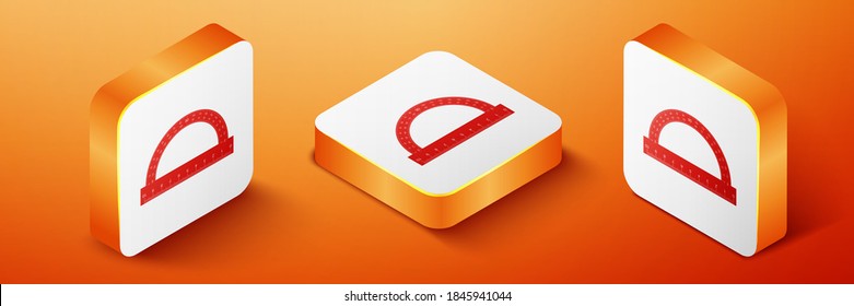 Isometric Protractor grid for measuring degrees icon isolated on orange background. Tilt angle meter. Measuring tool. Geometric symbol. Orange square button. Vector.