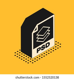 Isometric PSD file document. Download psd button icon isolated on yellow background. PSD file symbol.  Vector Illustration