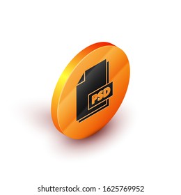 Isometric PSD file document. Download psd button icon isolated on white background. PSD file symbol. Orange circle button. Vector Illustration