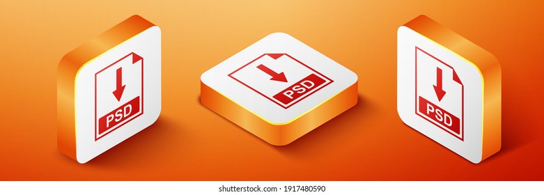 Isometric PSD file document icon. Download PSD button icon isolated on orange background. Orange square button. Vector.